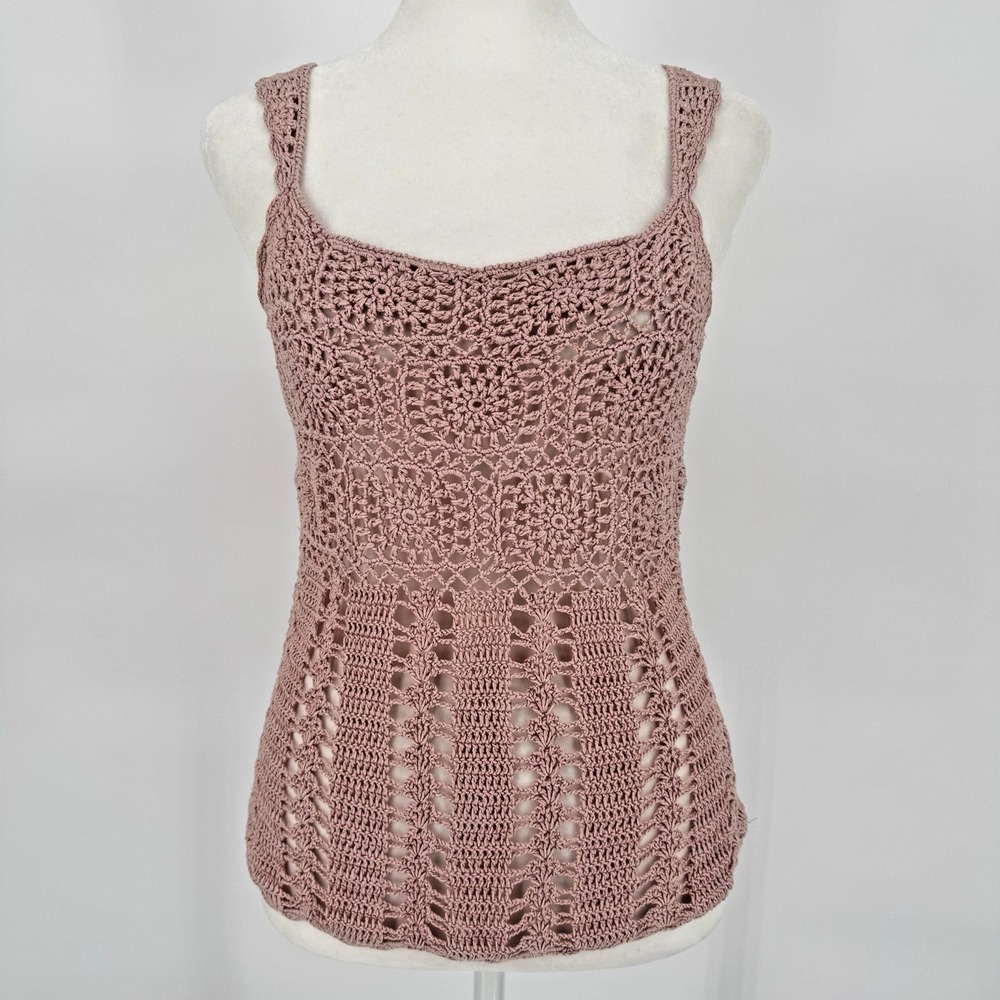Vtg Y2K Crochet Boho Fairy Tank Top S Coquette Cottage Festival Sheer Open Knit